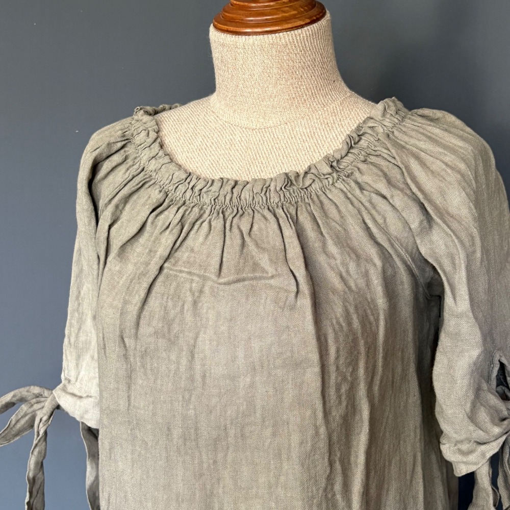 Meo Meli Linen Shift Dress Taupe Gray Made in Italy Tie Sleeve | Size Medium |